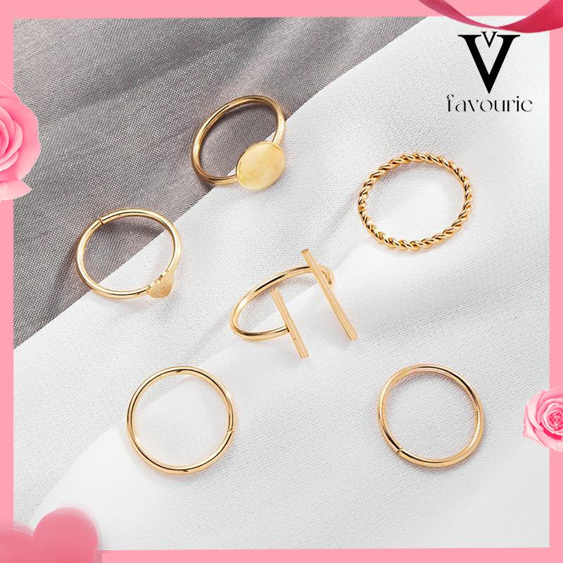 [COD]6 pcs Retro Cincin Cinta Kreatif Gaya Keren Paduan Geometris Bersama Cincin Set-FA