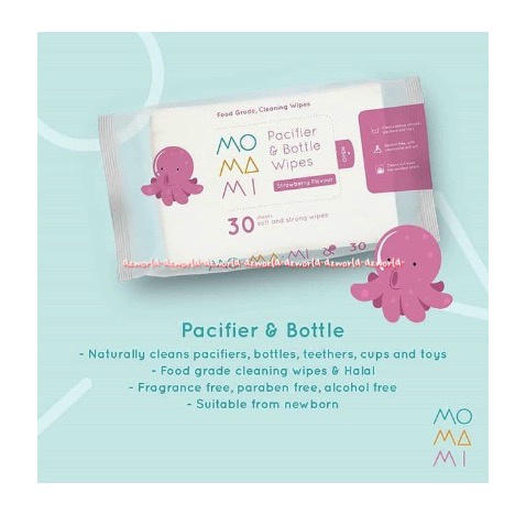 Momami Pacifier Wipes 30lembar Tisu Basah Untuk Membersihkan Mainan Bayi Teether Gigitan Botol Susu Pacifier Alat Pumping Pompa Asi Wet Tissue Mommami Pink Tissue