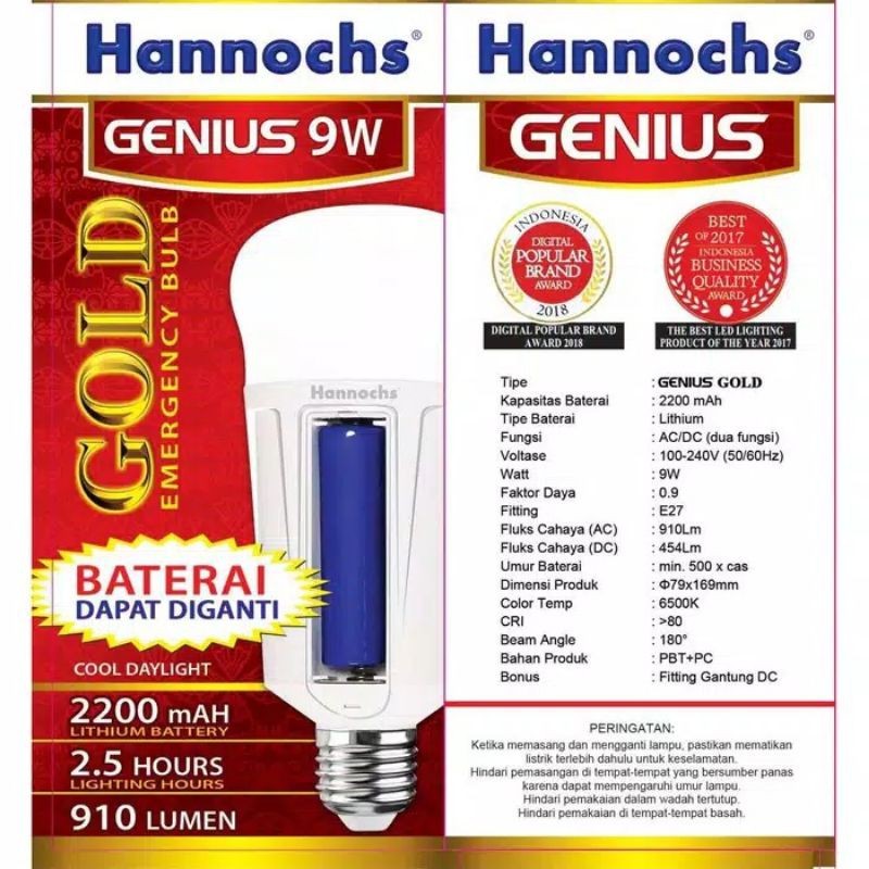 Bohlam LED Emergency AC/DC Hannochs 9W (Gold Series)