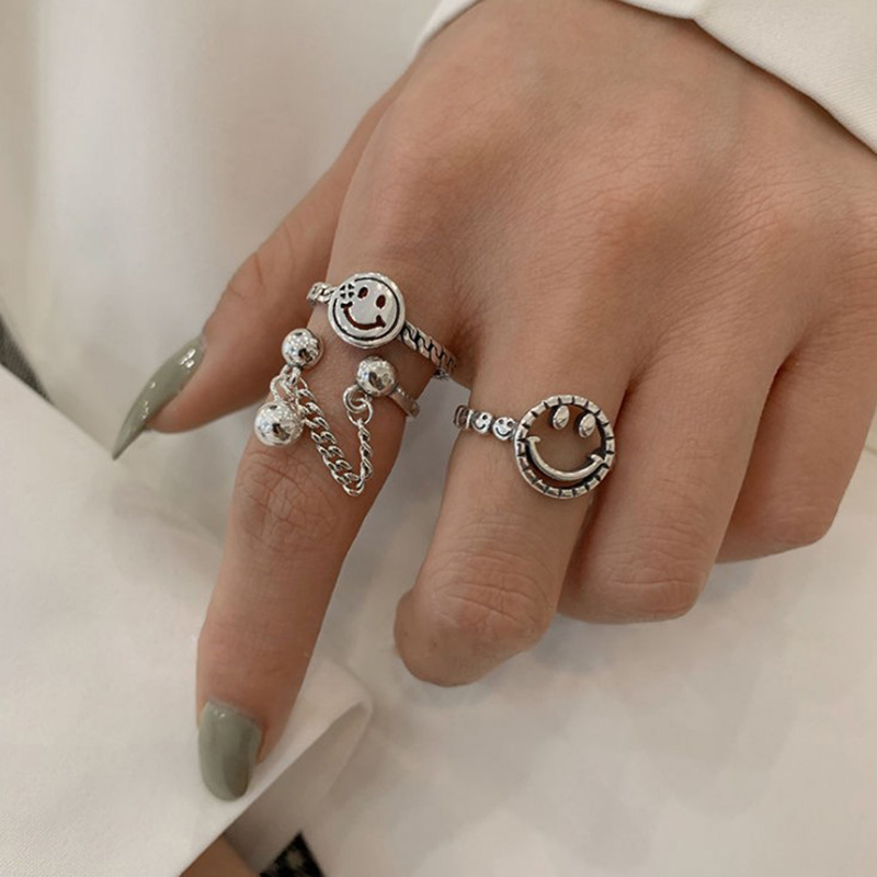 Cincin Motif Smiley Face Bahan S925 Silver Plated Gaya Korea Untuk Wanita