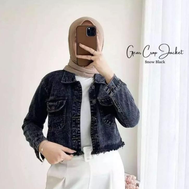 빠 Jaket Jeans Crop Wanita Rawis Denim
