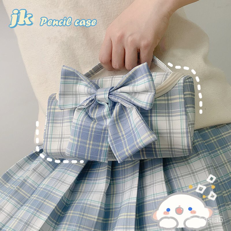 

AGOEE-JK Gingham Pencil Bag Pen Case with Bowknot Cute Japanese Plaid Design Handbag Storage Pouch Station