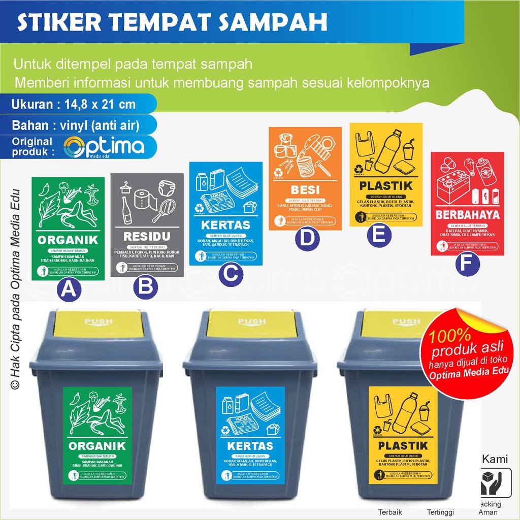 

STIKER TEMPAT SAMPAH ORGANIK , RESIDU, KERTAS, BESI, PLASTIK, BERBAHAYA