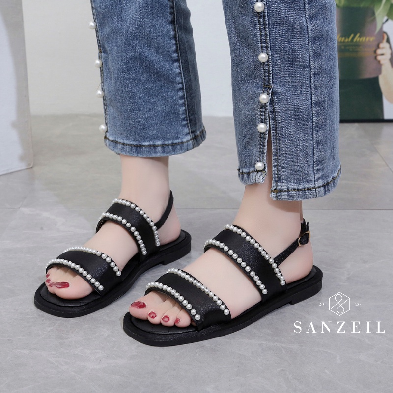 0166 Sanzeil Pearl - Sandal Flat Wanita Tali Mutiara Import