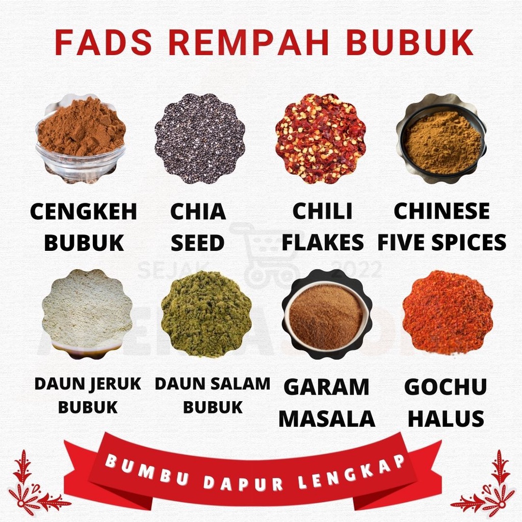 Fad's Bumbu Dapur Bubuk Lengkap 50gr - Rempah Bubuk Lengkap - Adas Asam Bawang Cabai Ngohiong Daun Jeruk Salam Gochugaru Jahe Jintan Kayu Manis Kemiri Kencur Ketumbar Kunyit Lada Hitam Lada Putih Laos Pala Paprika Selasih Serai Temulawak WIjen