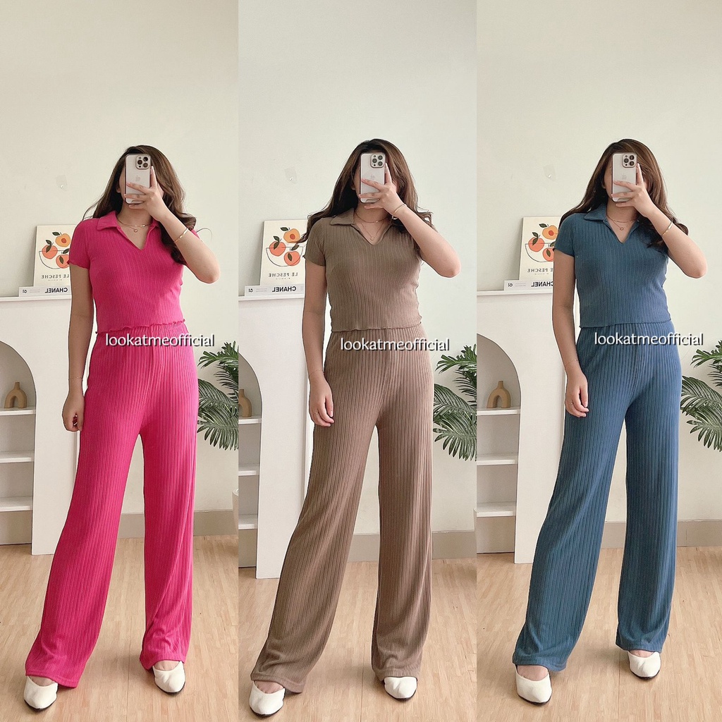 lookatmeofficial - Erika Knit Set - Setelan Wanita 2in1 Polo Top + Pants Bahan Knit Premium