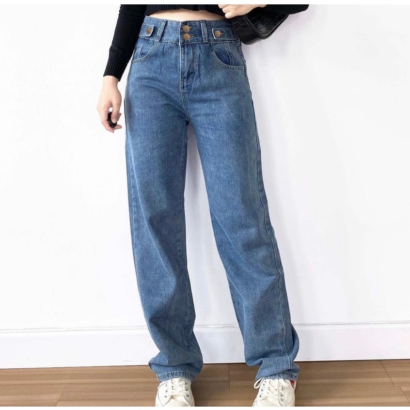 HOPYLOVY Celana High Waist Jeans | Celana Boyfriend Jeans | Celana Panjang Wanita Jeans Boyfriend Double Button BF Harvey