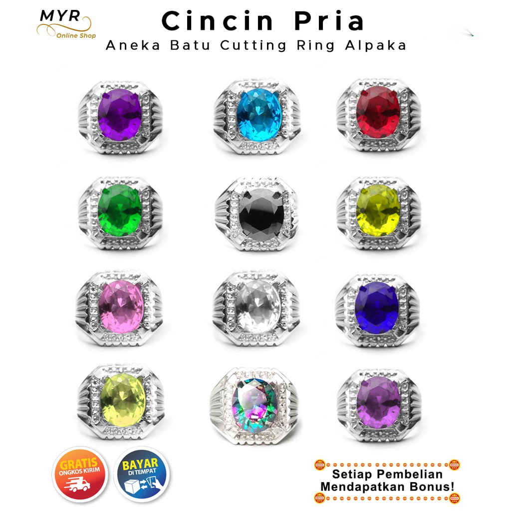BISA COD Cincin Pria Batu Akik Cutting Sapphire Ruby Emerald Peridot Mystic Onyx Pink Ruby Amethys