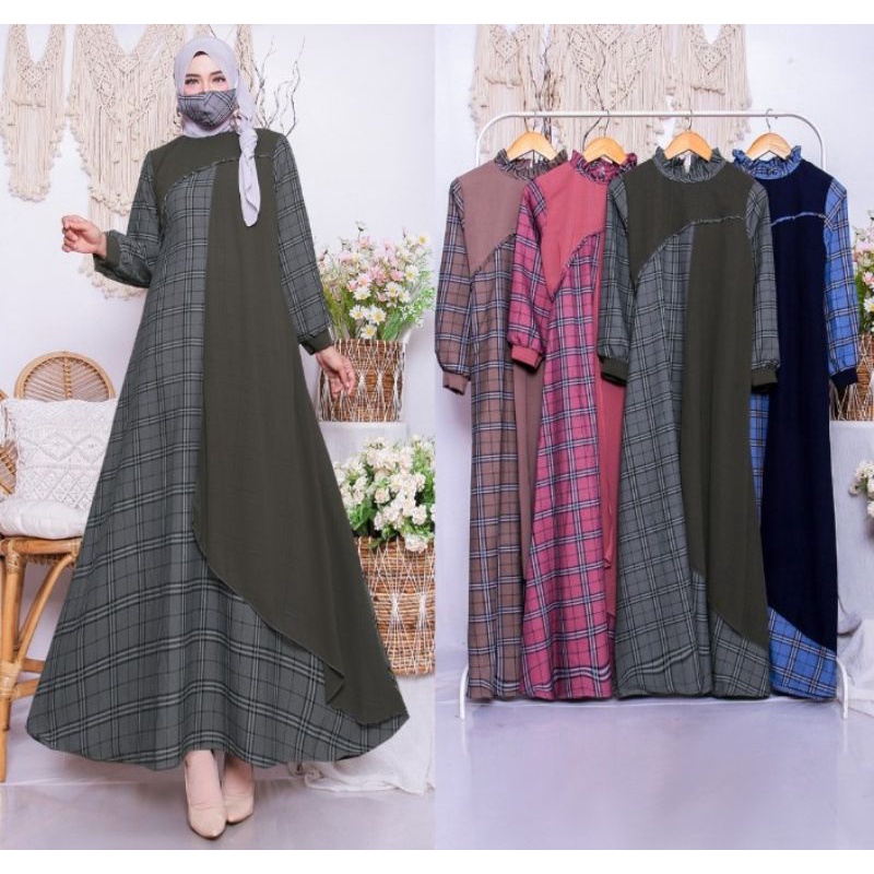 GAMIS ALMOND JEPANG KOMBINASI CERUTY / GAMIS SELANDANG POLOS  / GAMIS KOTAK TALI BELAKANG / GAMIS RA