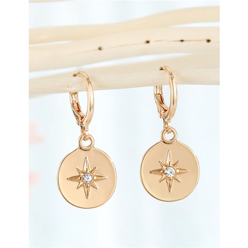 LRC Anting Tusuk Fashion Golden Diamond-studded Star Round Alloy Earrings K62469