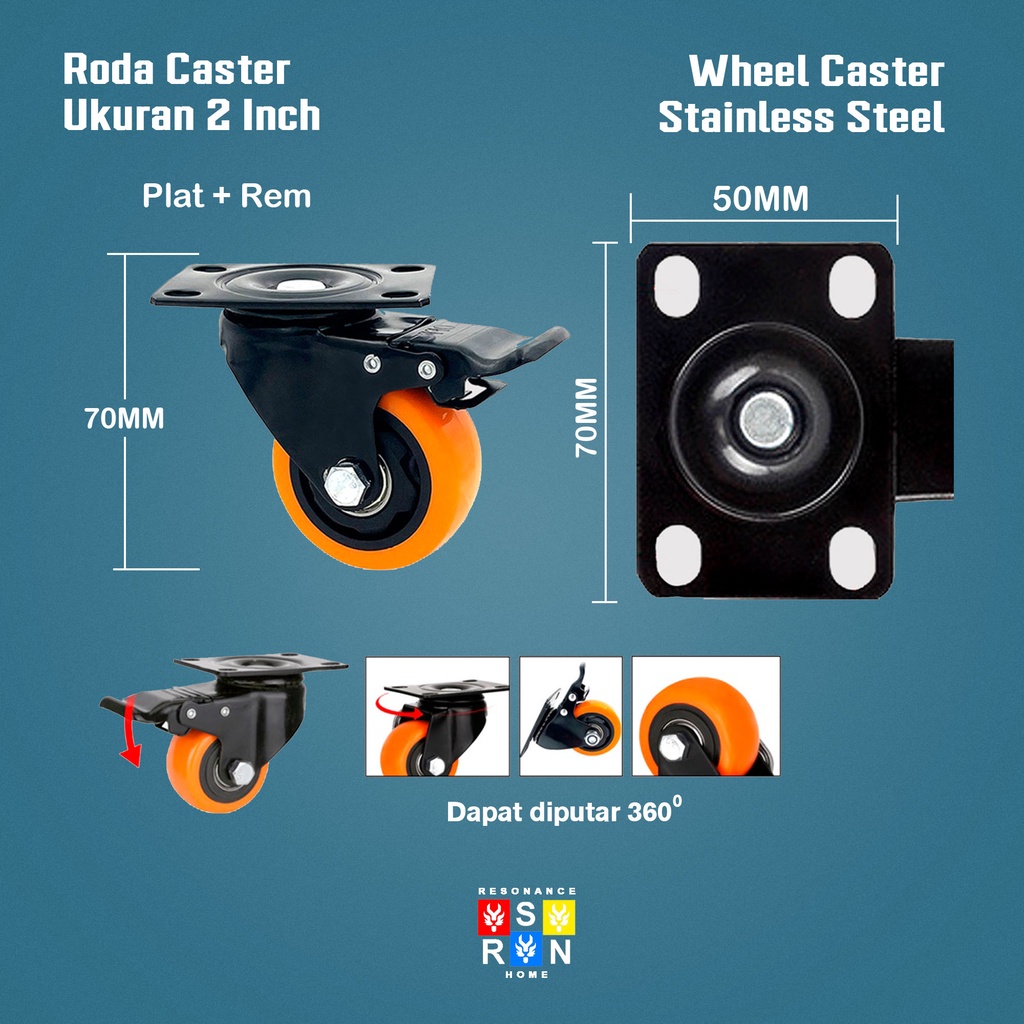 Roda Kastor 2 Inch Oranye TEBAL Plus Rem / Castor Swifel Plate Etalase Troli / Wheel Castor Resonance Home