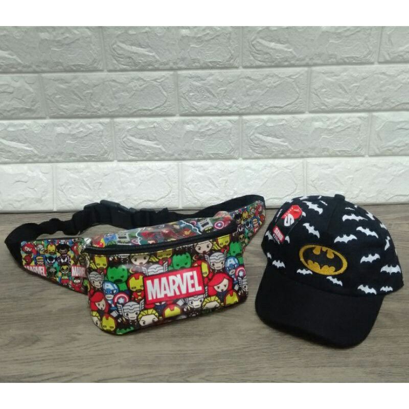 New 2in1 terbaru waistbag anak abstrak tas selempang dan topi anak karakter