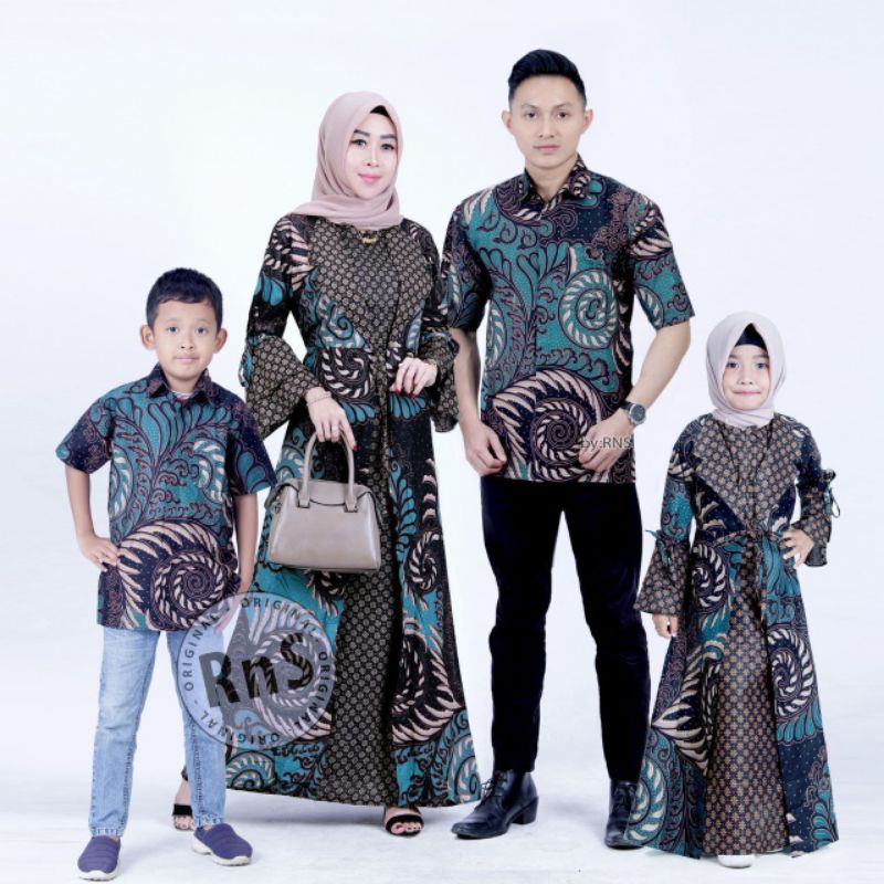 Batik couple keluarga modern terbaru set couple batik keluarga gamis jumbo puser hijau tosca-1