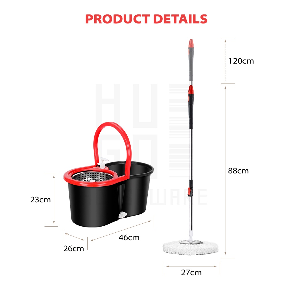 HUGO Alat Pel Lantai Ultra Mop Kano - Pel Lantai Praktis Peras Otomatis Spin Mop Black