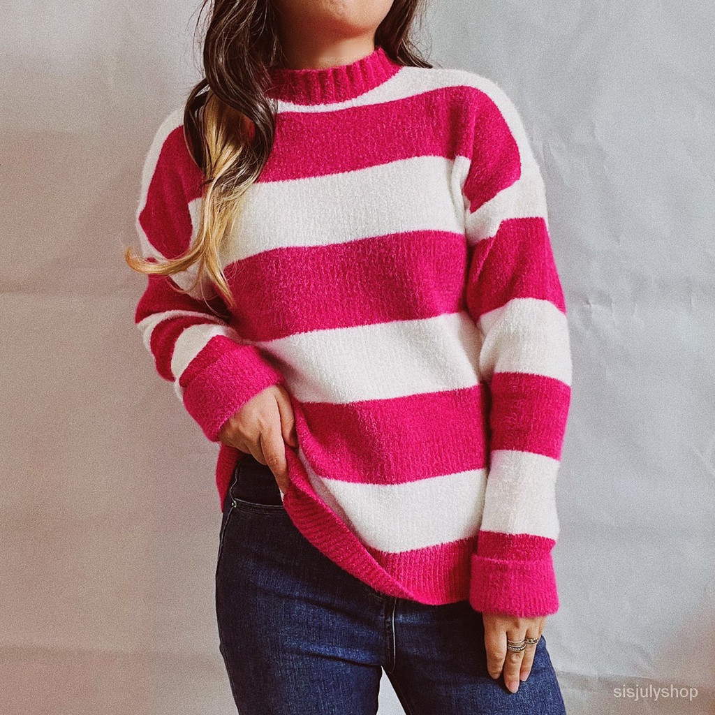 #Sisjuly# Wanita Kasual Tebal Bergaris Warna Permen Crew Neck Lengan Panjang Sweater Rajut Pullover