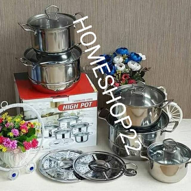 Panci HighPot steamer tutup kaca/panci set 5pcs