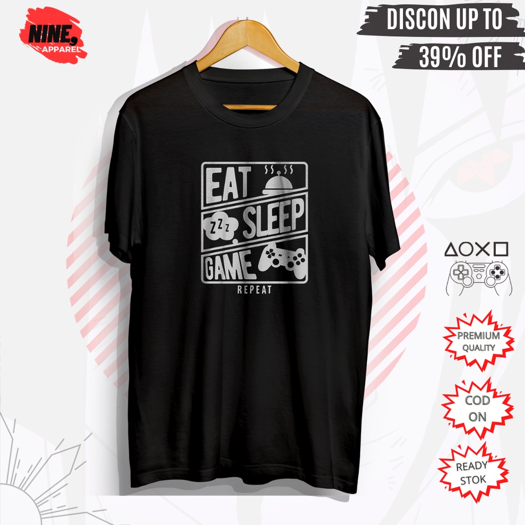 Kaos T Shirt Baju Distro Pria Gamer Game Gaming Eat Sleep Game Repeat Pecinta Game Keren (PUBG Mobil
