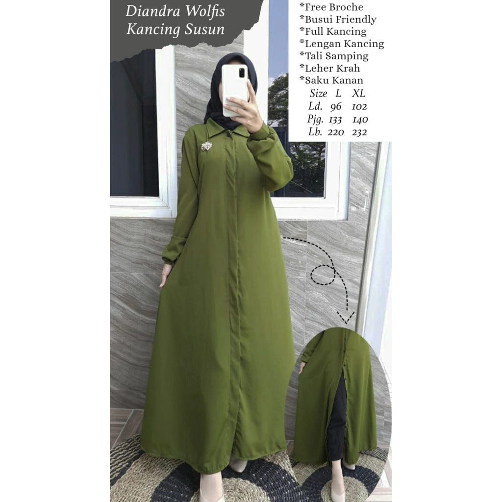 Dress wolfis kancing full terbaru FREE BROCHE