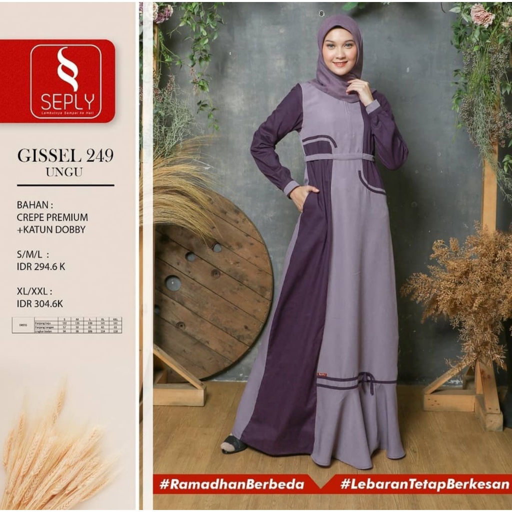 GAMIS GISSEL 249 UNGU BAHAN CREPE PREMIUM + KATUN DOBBY / GAMIS MUSLIMAH CANTIK DAN KEKINIAN BY SEPL