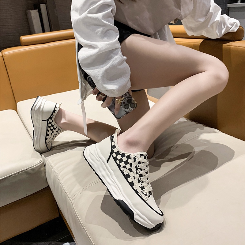 Sepatu Kets Sneakers Putih Wanita Perempuan Cewek Sekolah Korea Kasual Sepatu Olahraga Kanvas Checkerboard Sol Karet Tali Import Murah Casual Fashion White Beige Sport Shoes - Ukuran 35 36 37 38 39 40-5
