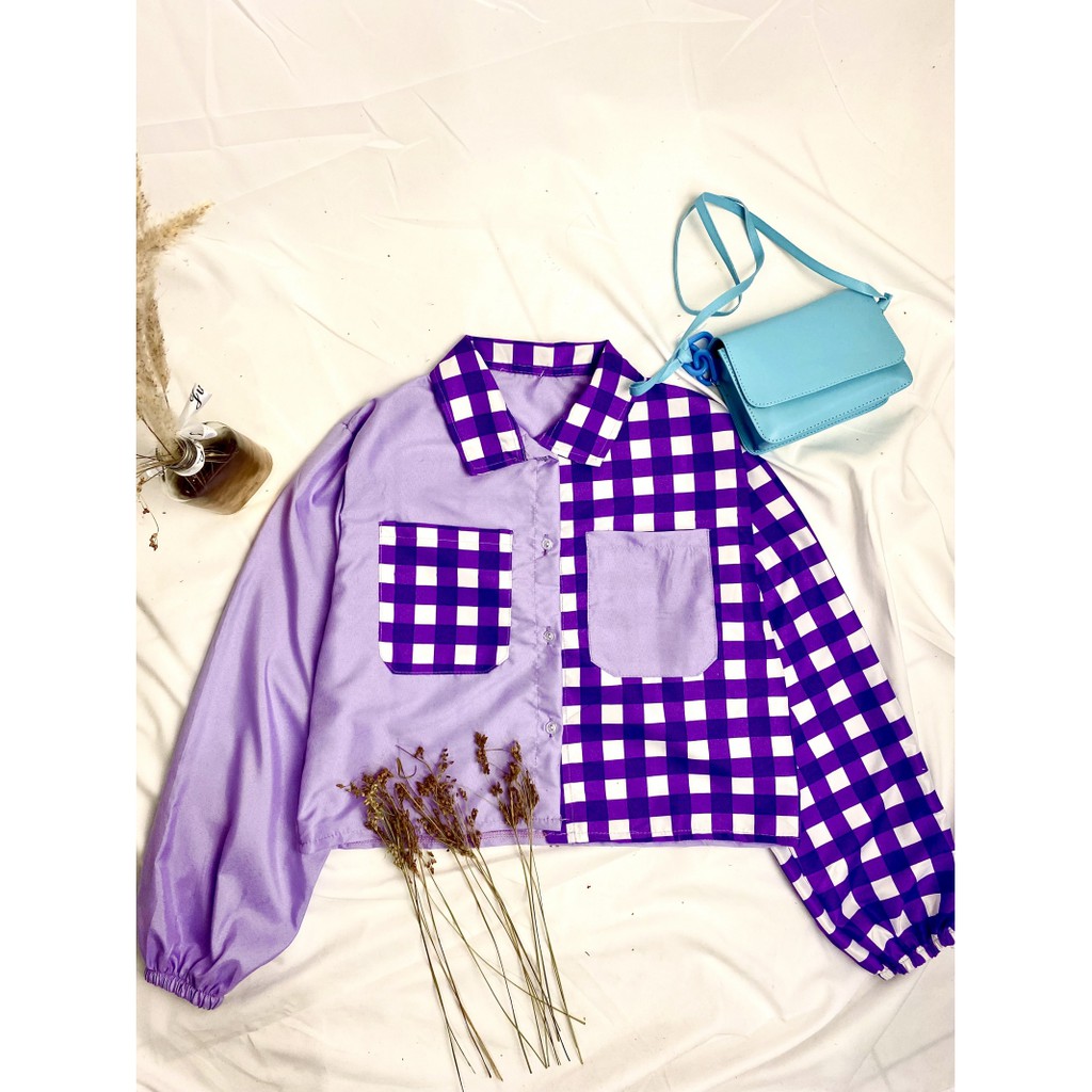 MIKA CROP TOP BLOUSE / KEMEJA WANITA / KEMEJA CROP WANITA TARTAN /KEMEJA TWO TONE KOTAK / BLOUSE KEKINIAN-KOTAK UNA LILAC