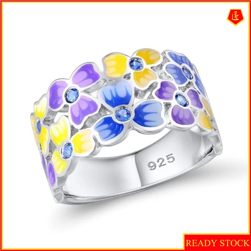 [Ready Stock]925 Silver Blue Flower Rhinestone-Embedded Ring Sweet Personality