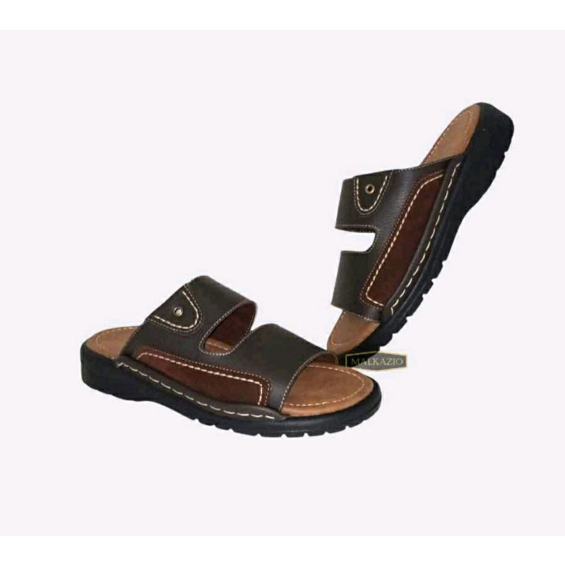 Sandal Makazi SLOP Pria Tebal 38-44 / Sendal Slide Kulit Bapak Kasual Awet Coklat, 44