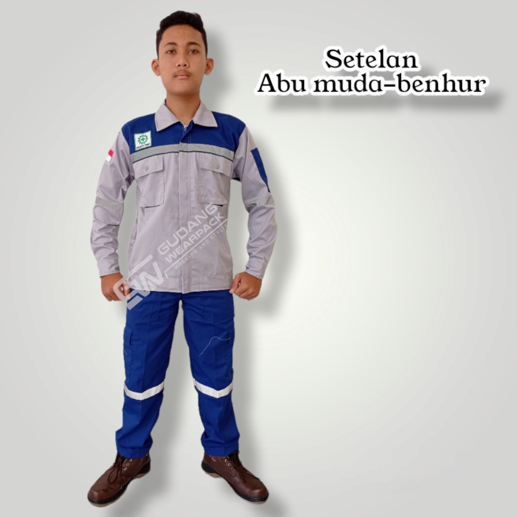 SETELAN Wearpack ABU MUDA-BENHURlengan panjangsleting/BAJU KERJA K3 SETELAN (setelan standar)