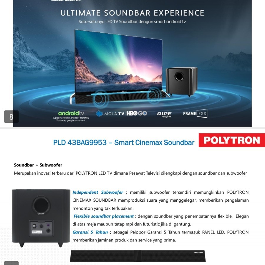 Polytron Android TV PLD43BAG9953 + Subwoofer Smart Cinemax