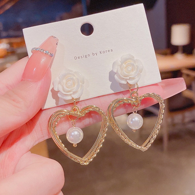 Shuling S925 silver needle Women Earrings Retro Flower Heart-shaped Pearl Earrings Fashion Drop Earrings