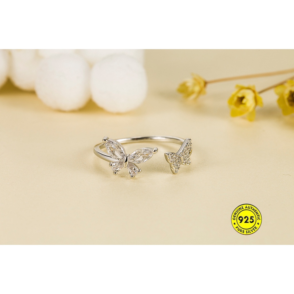 Cincin Model Terbuka Desain Double Butterfly Bahan S925 Silver Aksen Zircon Untuk Wanita