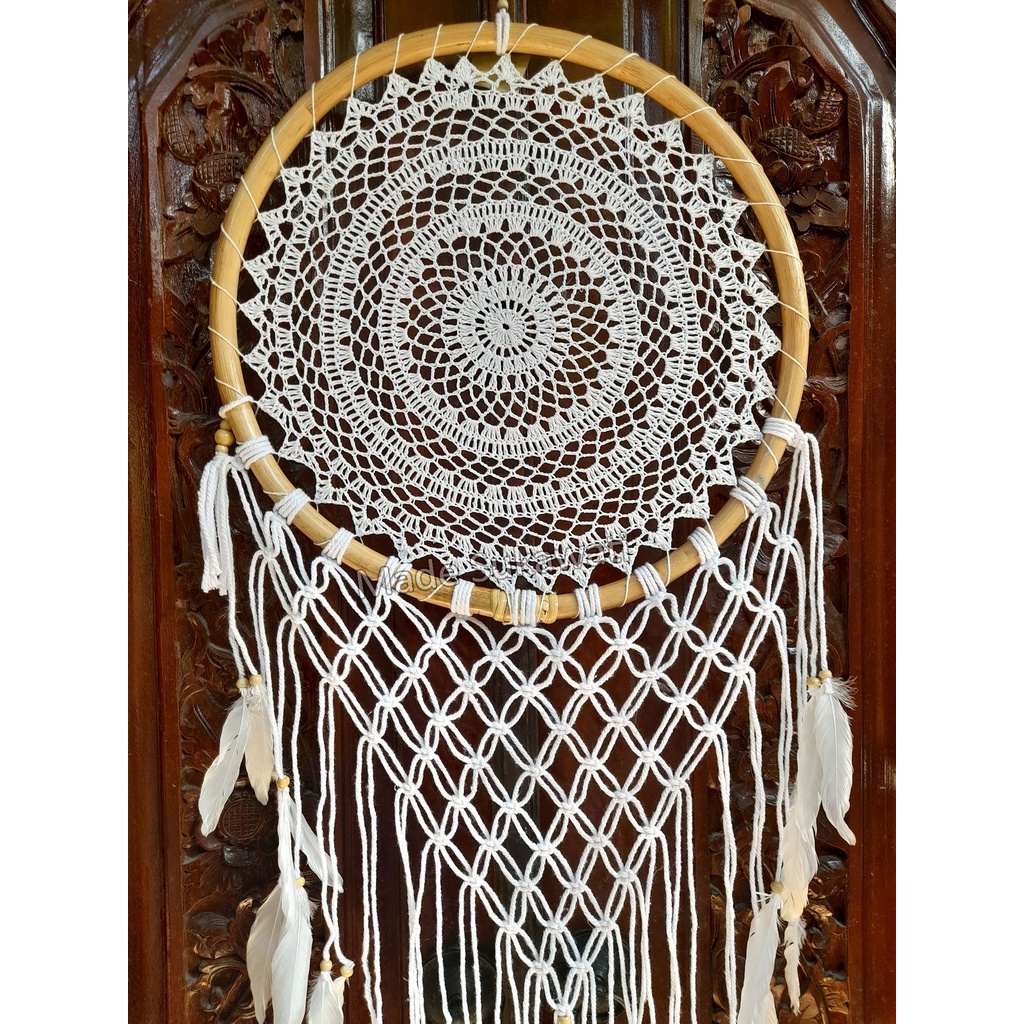 Dream catcher rajut sulam lingkar rotan 42cm hiasan bulu kerajinan