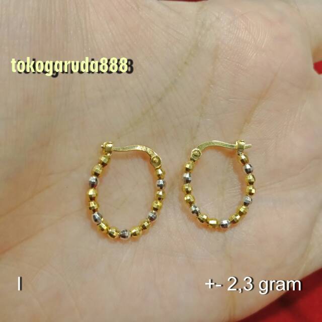 Anting giwang anak dan dewasa emas asli kadar 700 70% 22 bulat besar merica kerawang 3 dimensi oval hoops