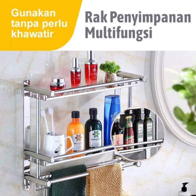 RAK Dinding KAMAR MANDI STAINLESS 2 Tingkat / Rak Handuk / Sabun Multifungsi PREMIUM Anti Karat