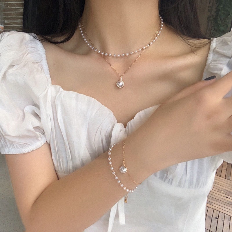 【Buy 1 Get 1 Free】Korean Double Pearl Pendant Necklace Bracelet Women's Fashion Jewelry Accessories Gifts