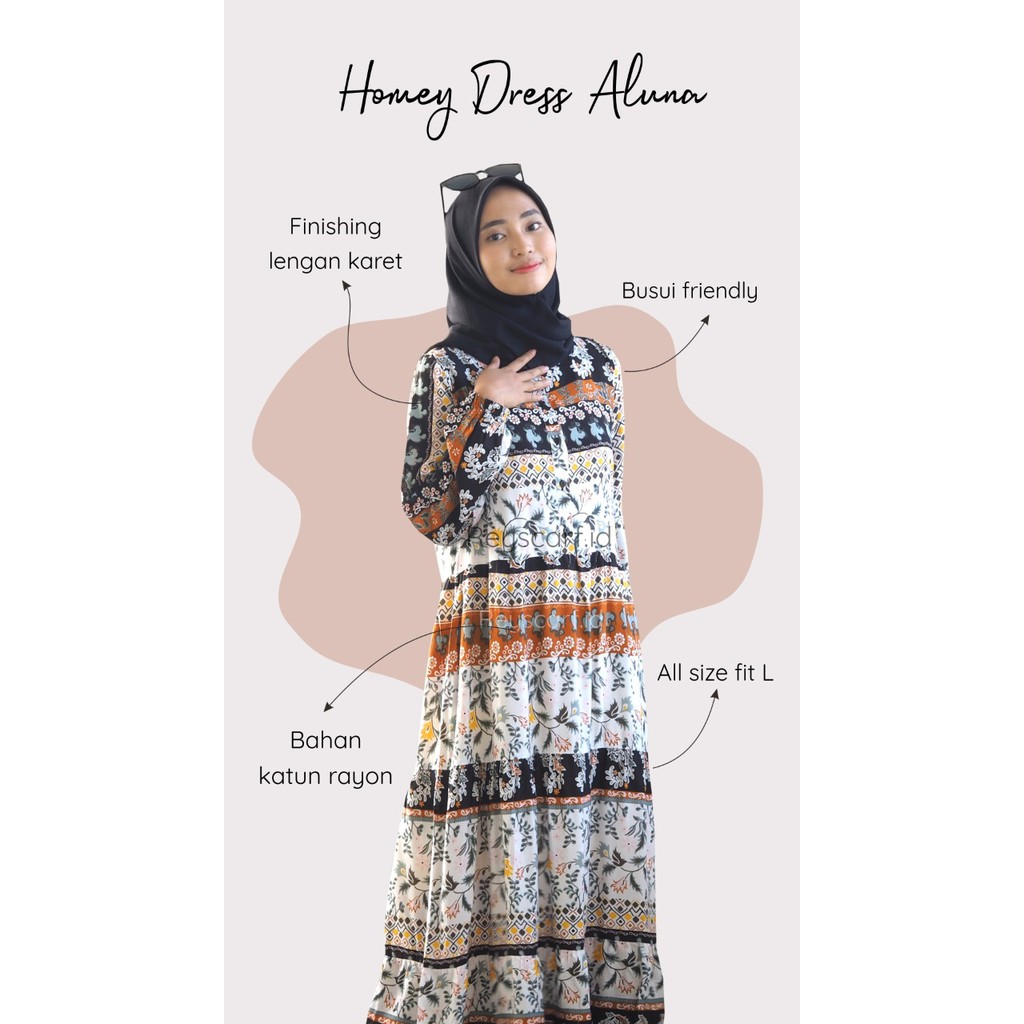 Homey Dress Aluna By Reyscarf Gamis Dewasa Luxury Bahan Rayon Viscose Premium Exclusive Adem Nyaman Dipakai  I  Bisa Cod