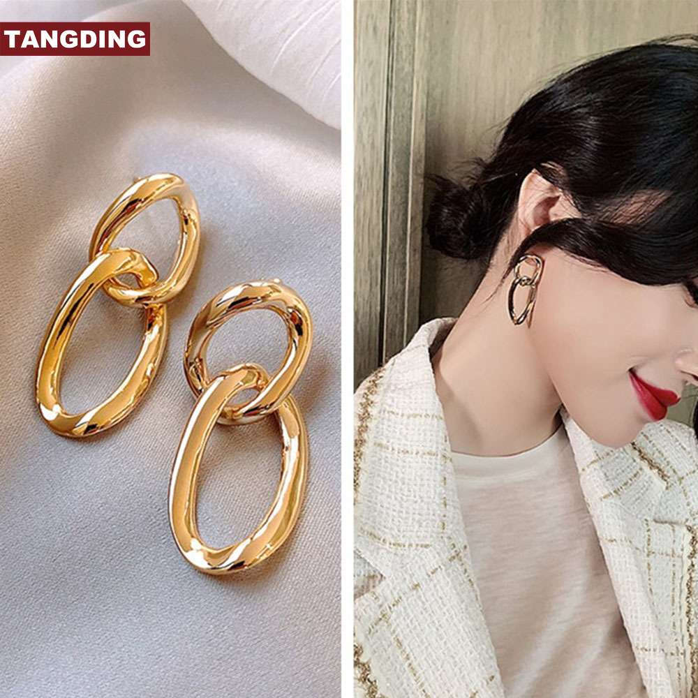 【COD Tangding】Anting Rantai Bentuk Bulat Ganda Warna Emas