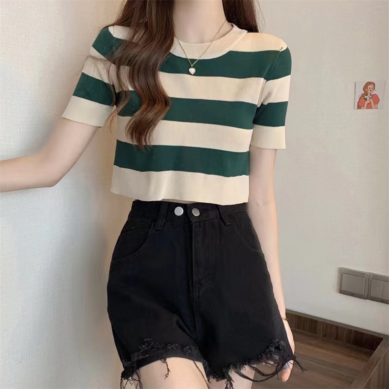 Yoona Crop Knit Top - Top Stripes Colour Knit Import TM ((A482-1)