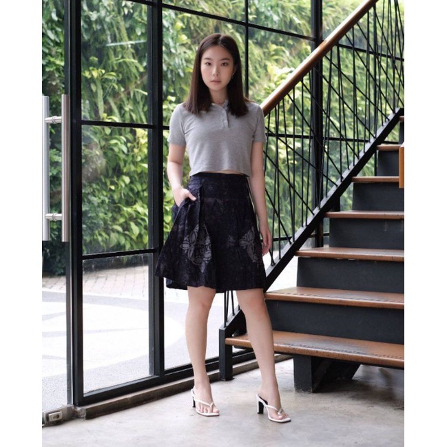 rok batik cap pendek wanita modern jumbo payung span murah dewasa warna merah marun motif daun