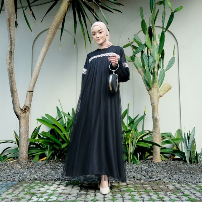 Baju dress gamis pesta lebaran 2025 brokat brukat tille tile tule renda seragam keluarga kembaran le