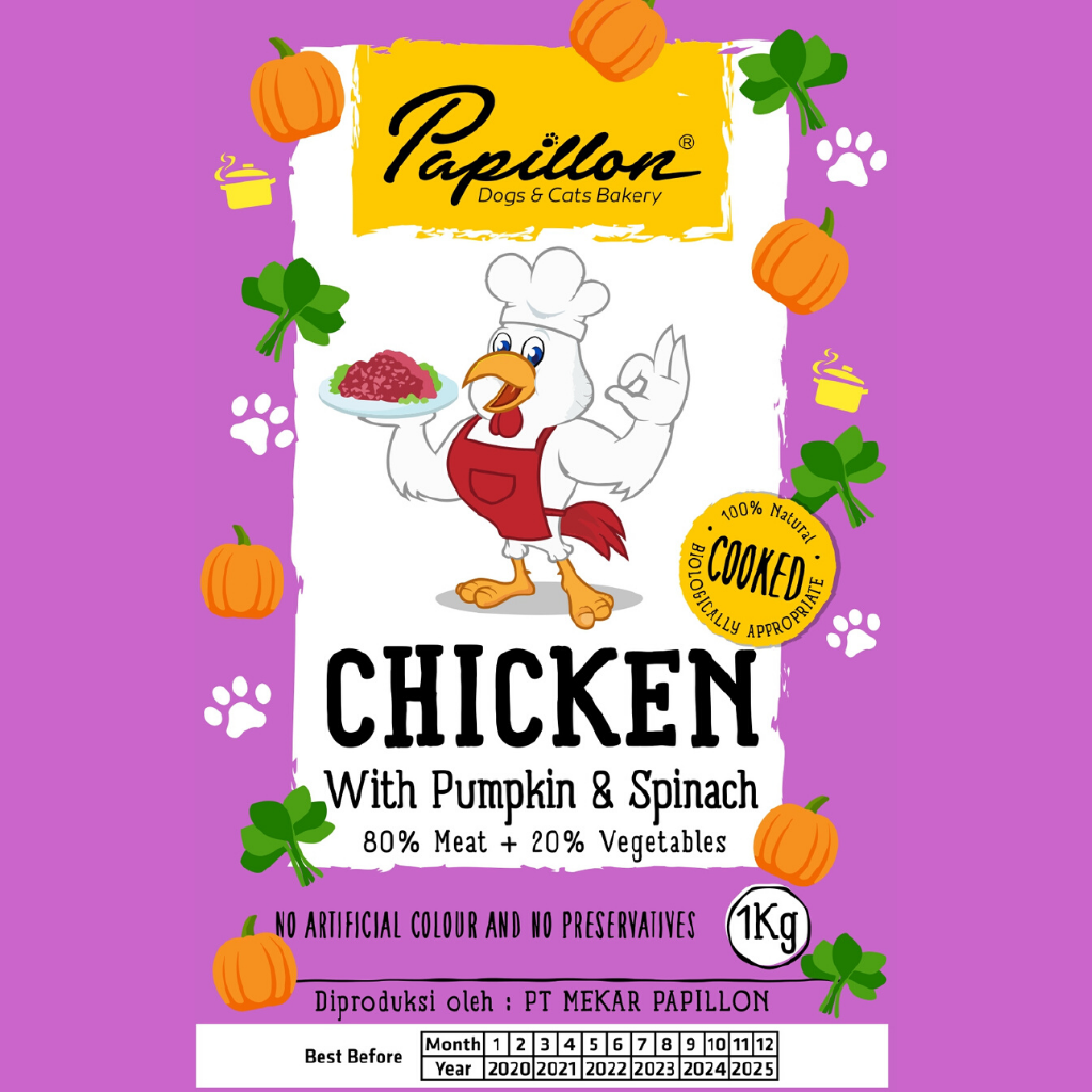 

PAPILLON Makanan Anjing COOKED Chicken Pumpkin Spinach 1kg