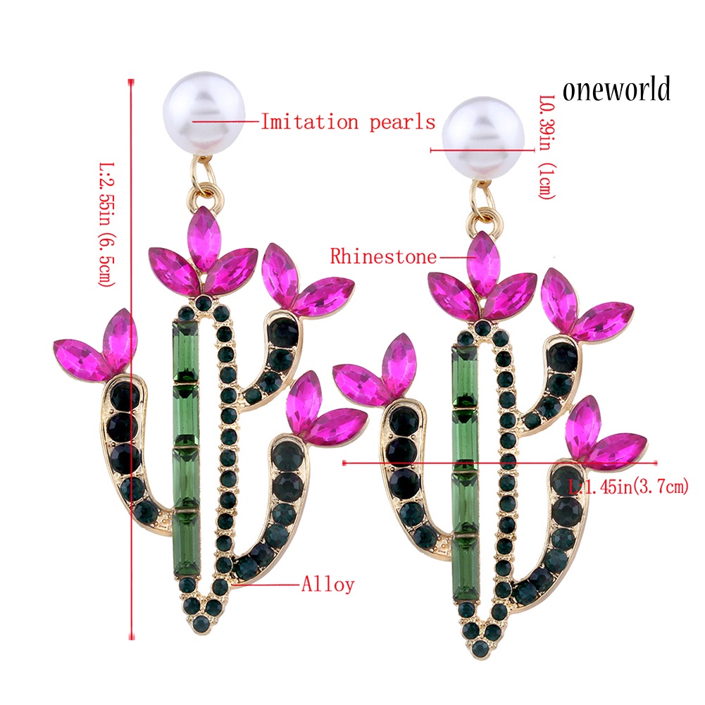 OW@ Women Colorful Rhinestone Cactus Faux Pearl Charm Statement Stud Earrings Gift