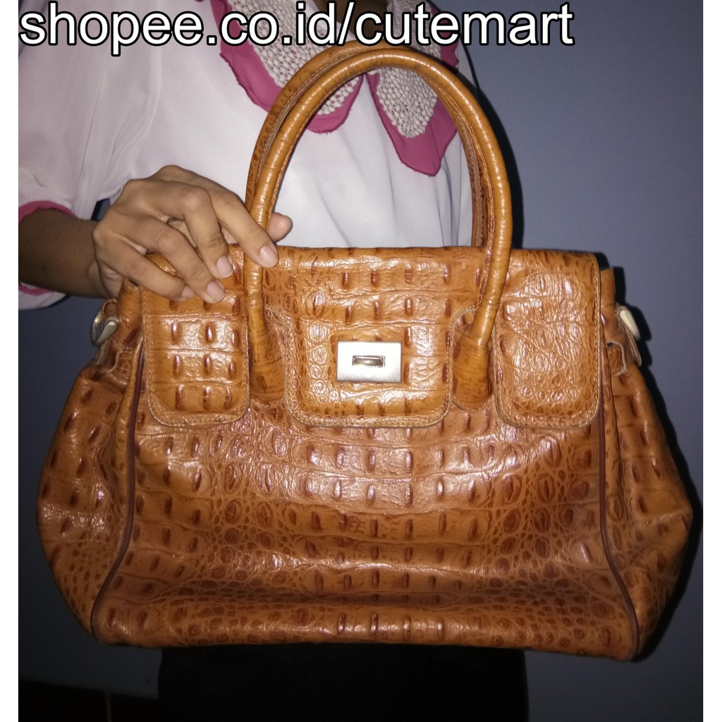 Tas Tote Bag Model Elegan Mewah, Bahan Kulit Buaya Asli, Warna Coklat Medium, Preloved