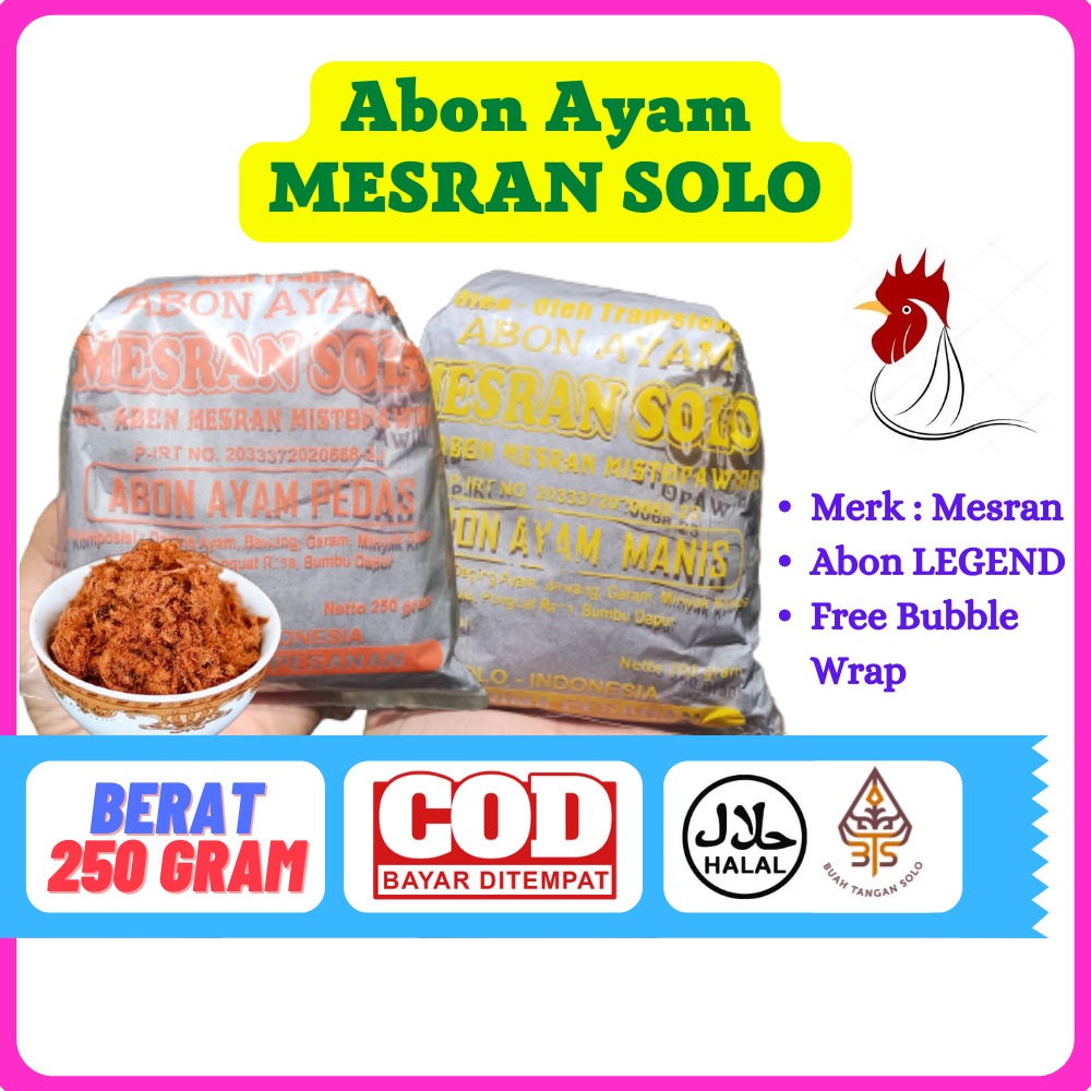 

Abon AYAM cap MESRAN Solo 250gram Manis atau Pedas