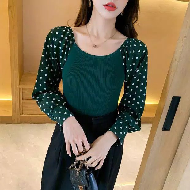 TBI Sexy Slim Baju Rajut Kekinian Import Sabrina Polkadot Knitwear Lengan Panjang