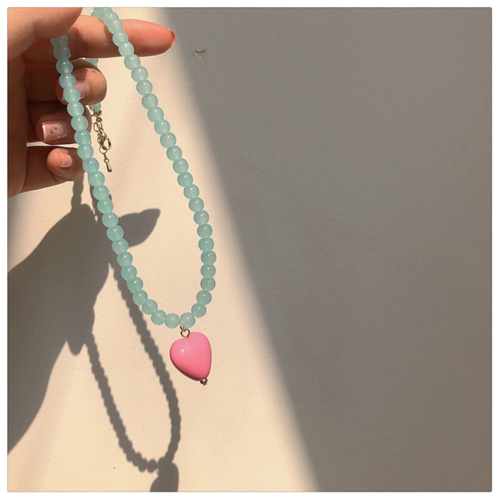 1pc Kalung Liontin Manik-Manik Hati Warna Biru Pink Untuk Wanita