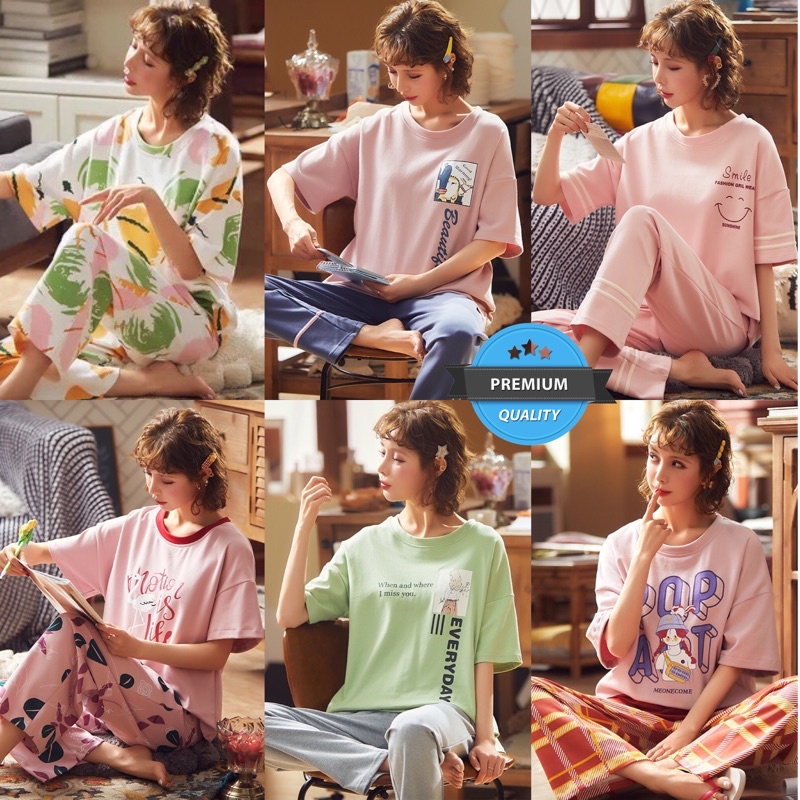 Piyama CP Import Full Katun Premium Quality  Baju Tidur Wanita Dewasa Impor Setelan Lengan Pendek da