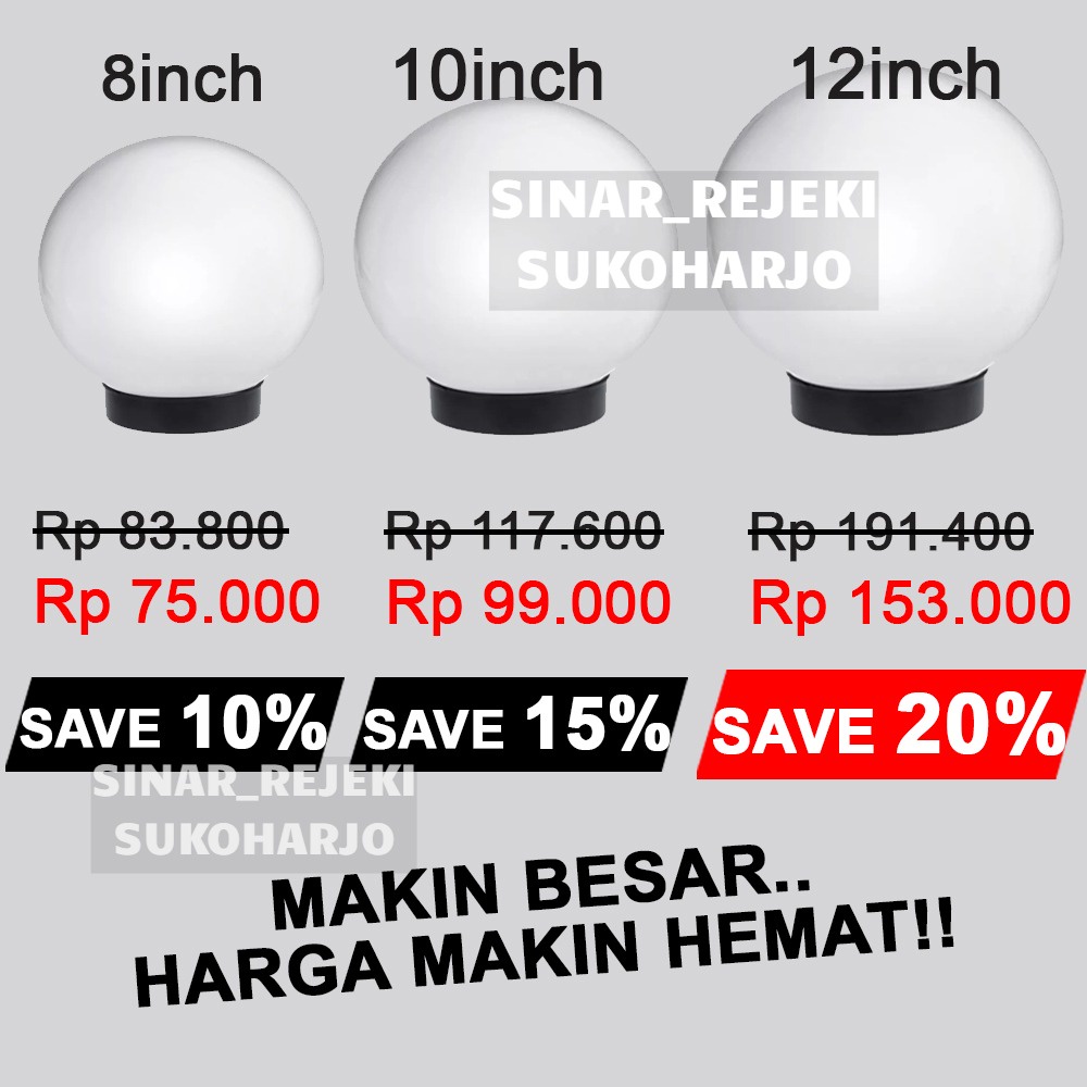 Meval Kap Lampu Taman Outdoor Bulat Putih Susu / Plain Clear Bening Polos / Prismatic 10 Inch 25 CM