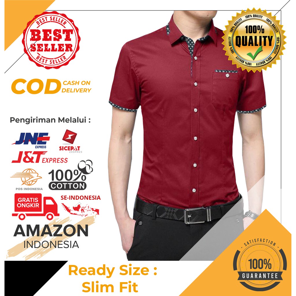 KEMEJA HEM ATASAN PRIA MERAH MARUN MAROON MERAH HATI LENGAN PENDEK SLIM FIT MELAR KATUN ORIGINAL