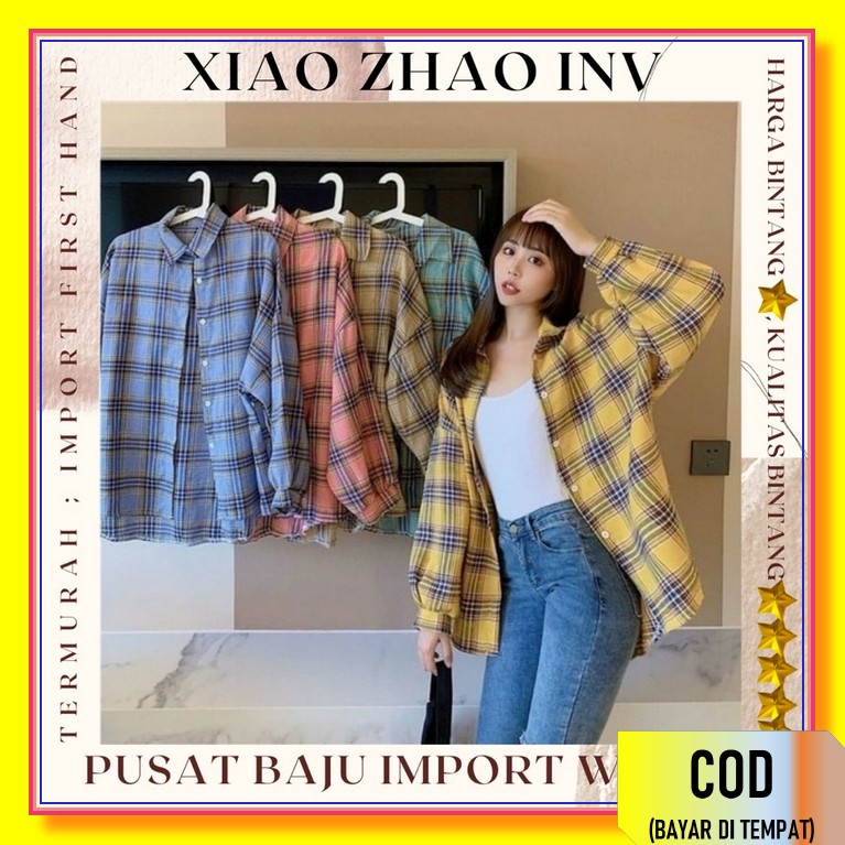 Baju Atasan Kemeja Kotak Kotak Wanita Casual Korea Hem Kasual Cew JC322  Oversize Kotak-Kotak Lenga